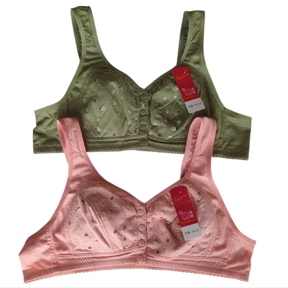 NWT (2) Fingdemei Floral Wirefree Front Closure Bras Chinese 50/115 Green Peach - Picture 1 of 16